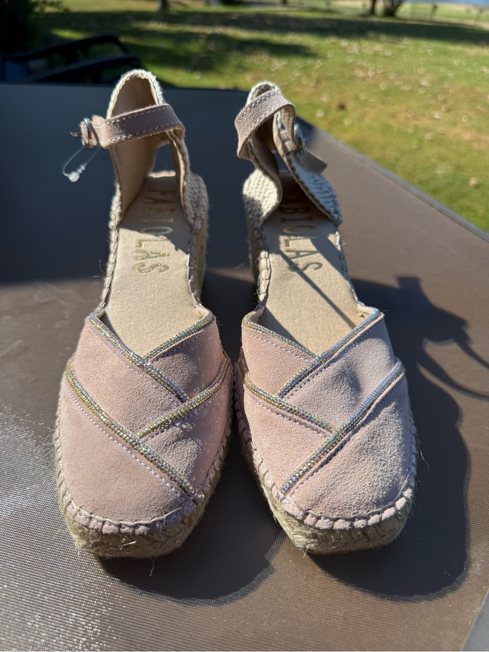 Fabiolas Wedge Womens‎ EU 38 pink Suede Leather Espadrille Sandals Rhinestone S7